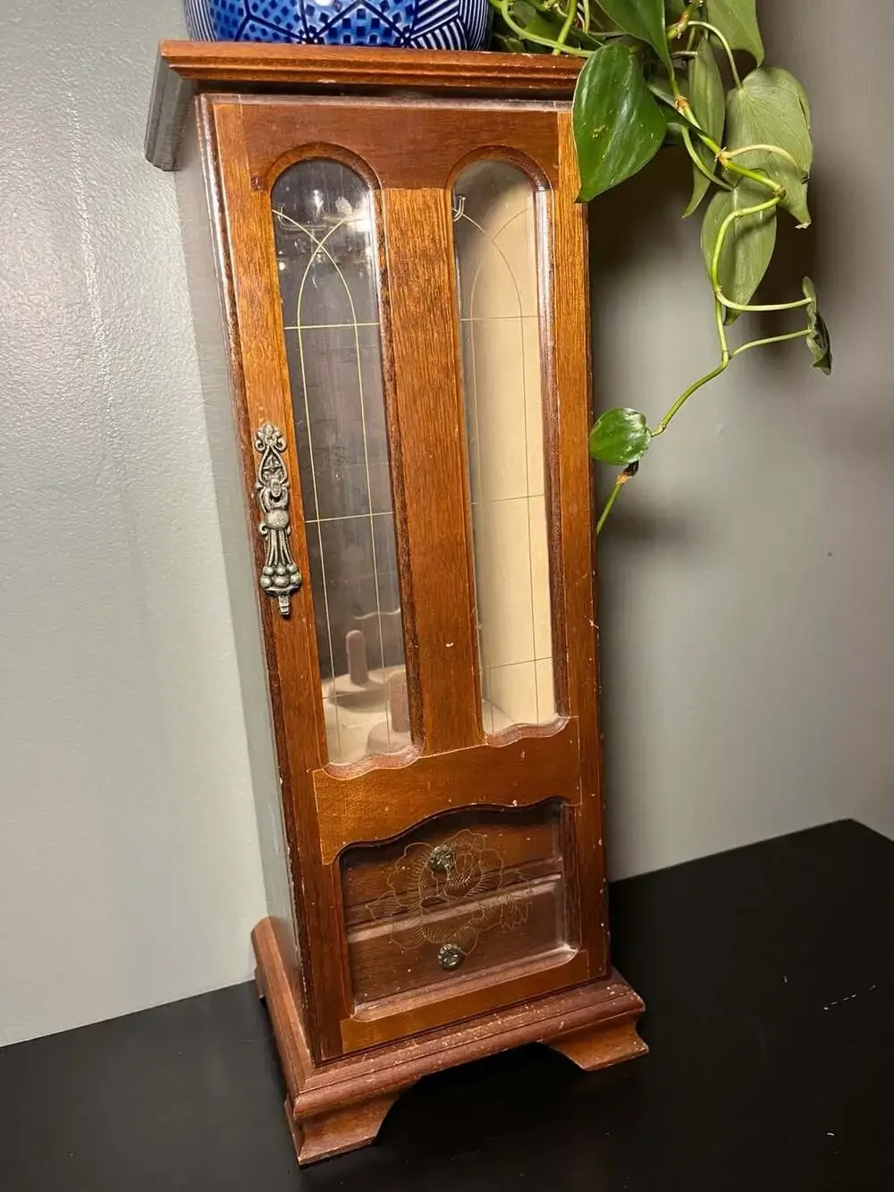 Vintage Wooden Standing Jewelry Armoire Cabinet with Glass Door and Drawers
